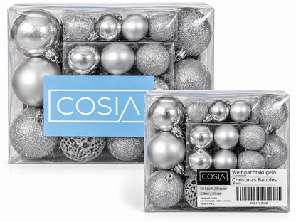 COSIA Weihnachtskugeln 50 Stück Silber Christbaumkugeln Kunststoff Baum HA31