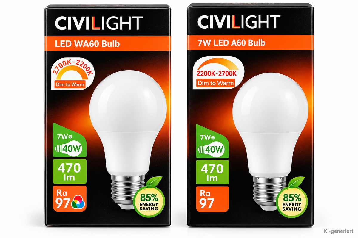 2x CIVILIGHT LED E27 A60 7W 470lm Dim to Warm 2200-2700K Dimmbar Ra97 HA35