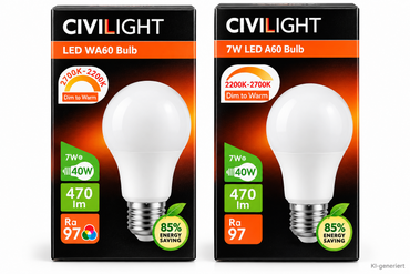 2x CIVILIGHT LED E27 A60 7W 470lm Dim to Warm 2200-2700K Dimmbar Ra97 HA35