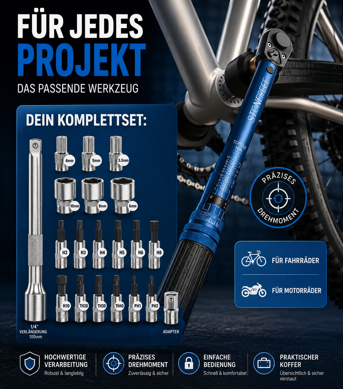 Drehmomentschlüssel 21tlg 1/4 Zoll 1-25Nm Fahrrad Werkzeug Ratschenset