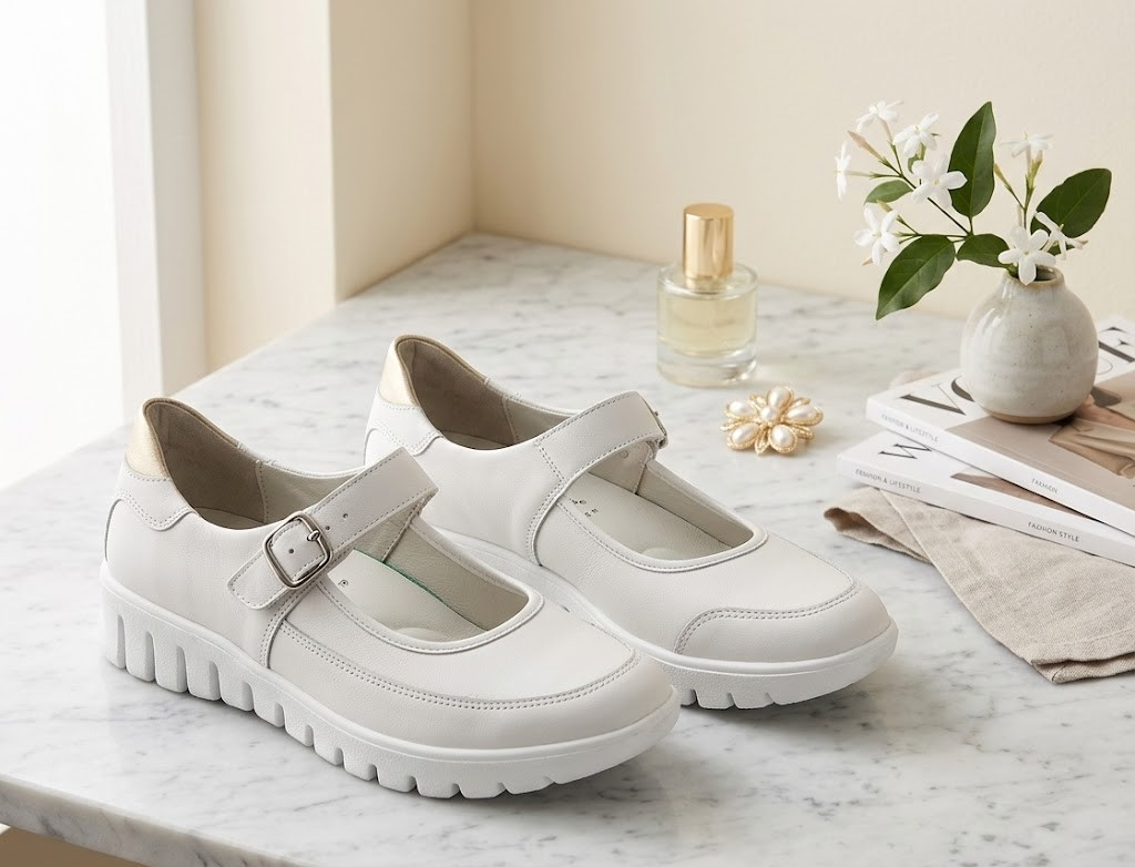 VITAFORM Mary- Jane- Ballerina Leder/ Stretch Klettverschluss weiß Größe 37