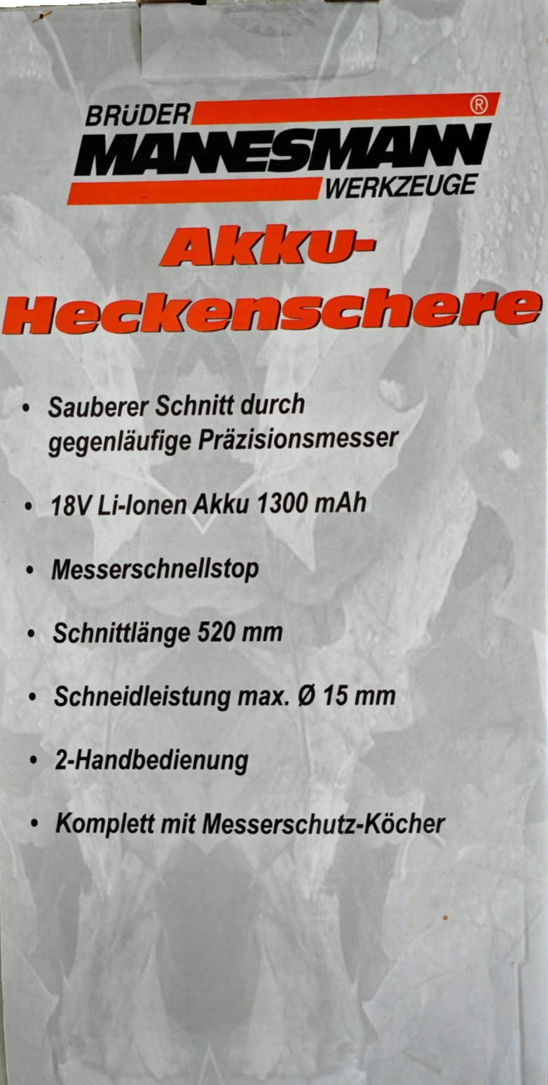 Brüder Mannesmann M17787 Akku Heckenschere 18V 52cm Li-Ion 1,3Ah Garten B1