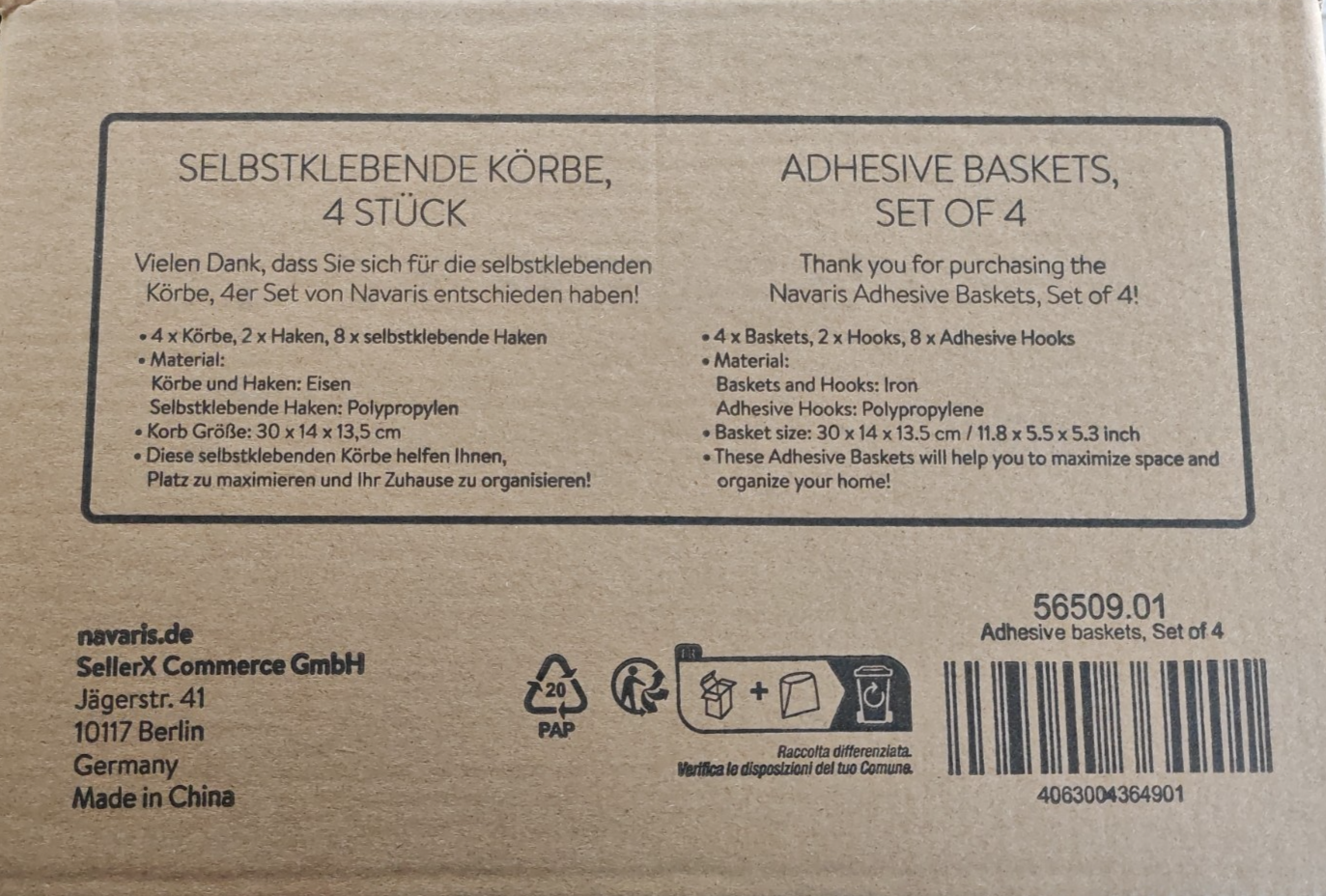 Navaris 4x Hängekorb Set selbstklebend Metall Aufbewahrungskorb Drahtkorb C05