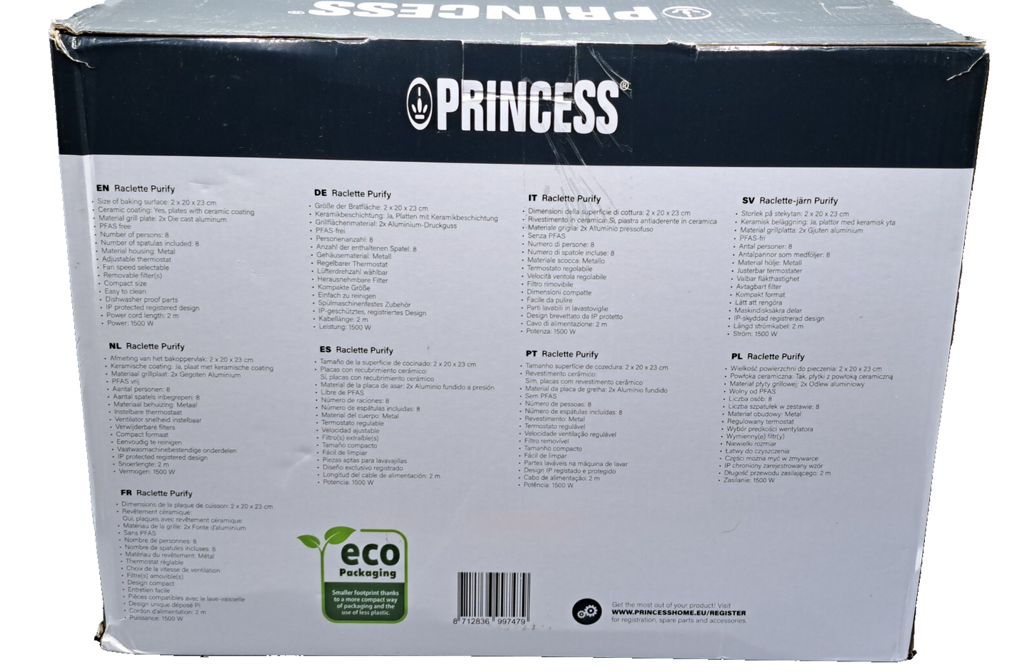 PRINCESS 162660 Purify Raclettegrill Tischgrill Elektrogrill 8 Personen 1500 W