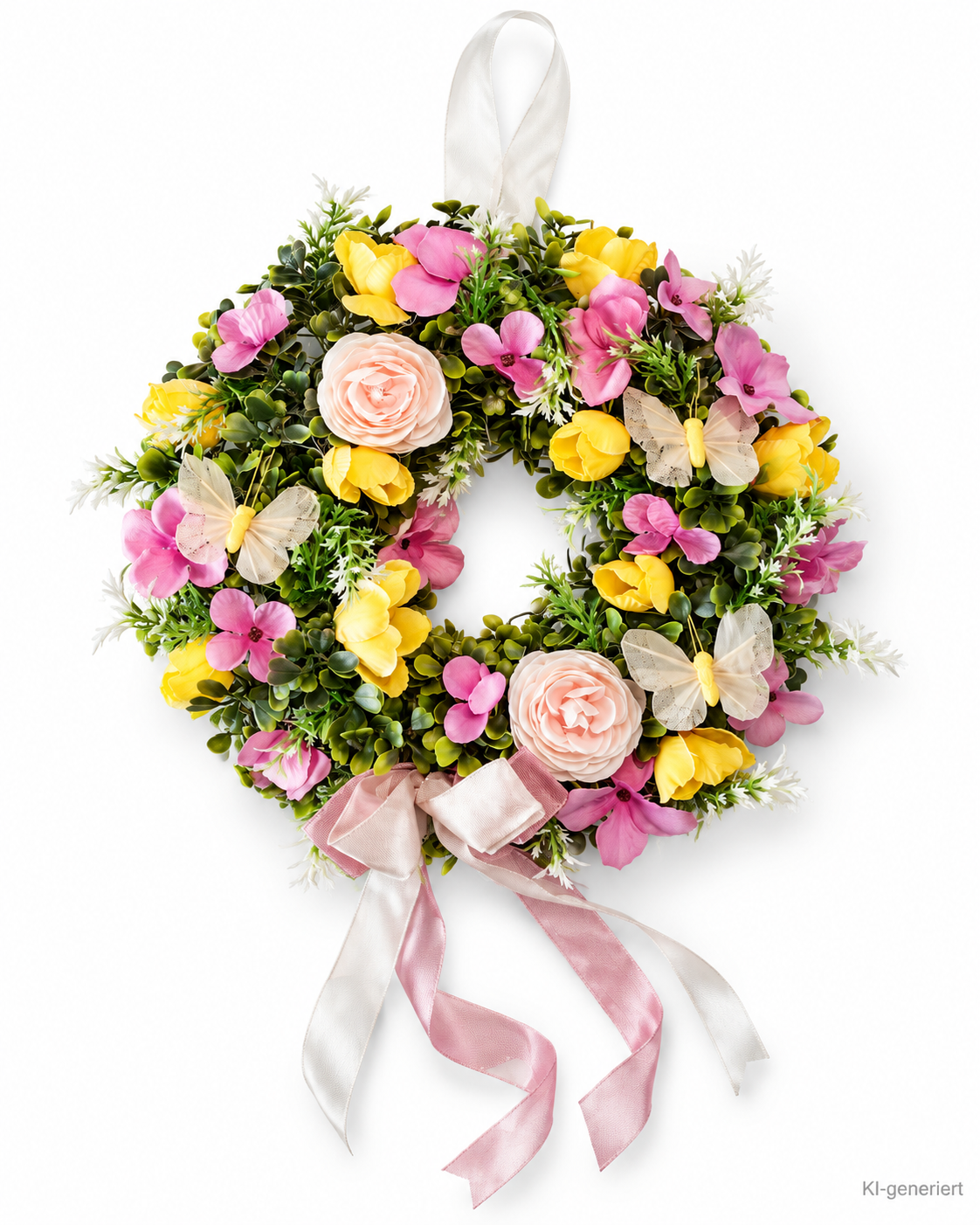 Türkranz Blumenkranz 25cm Kunstblumen Rosa Gelb Schmetterlinge Frühlingsdeko E7