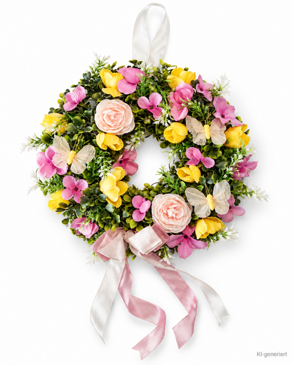 Türkranz Blumenkranz 25cm Kunstblumen Rosa Gelb Schmetterlinge Frühlingsdeko E7