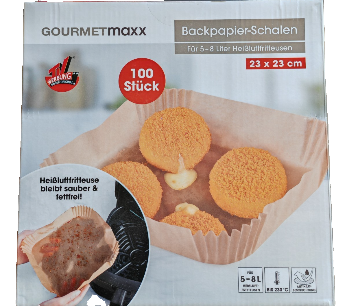 Gourmetmaxx Backpapier Schalen 100 Stück 23x23cm Airfryer