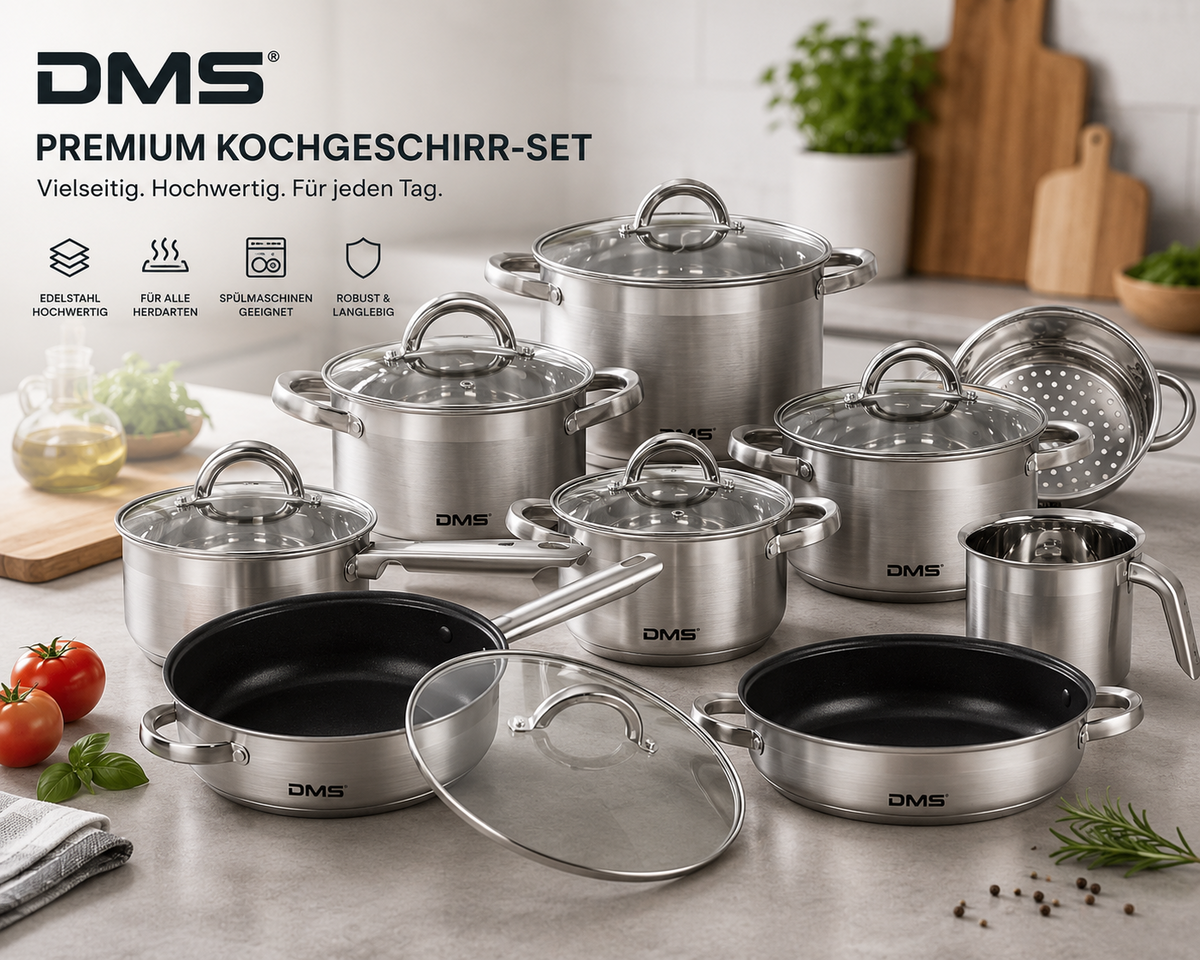 DMS TSE2015C Topfset 15tlg Edelstahl Glasdeckel Induktion Kochgeschirr HO-A22