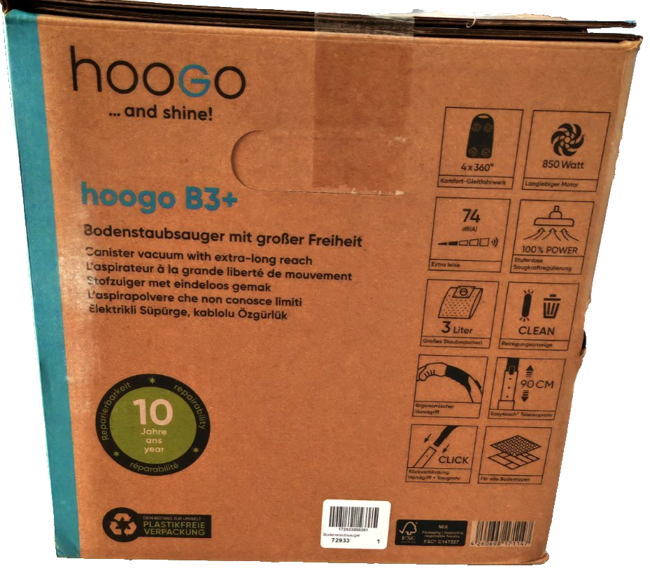 hoogo B3+ Staubsauger mit Beutel 850W HEPA Filter 11m leise 3L Beutel HO-A31
