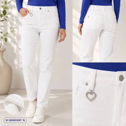 STRANDFEIN Damen Jeanshose Gr. 40 Weiß Lang Logo Herzanhänger Jeans Hose Denim