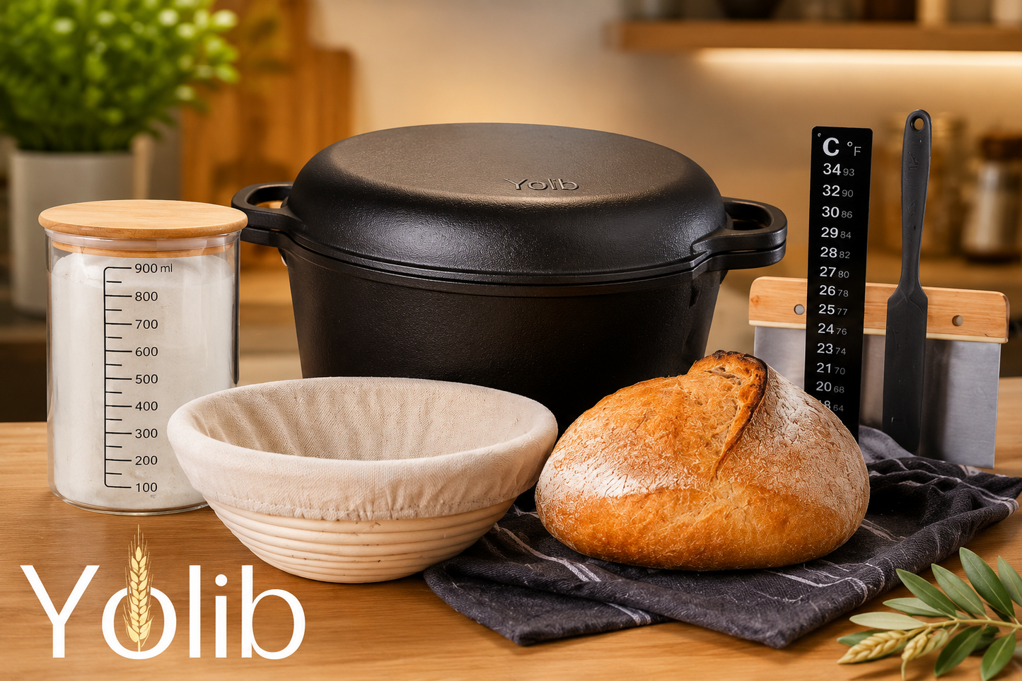 Sauerteig Brotbacktopf Gusseisen Dutch Oven XL Brotbackset mit Gärkorb Set C-05