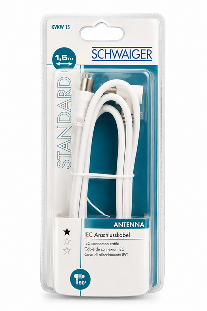 Schwaiger KVKW15 Antennenkabel 1,5m IEC Stecker Winkelbuchse 75dB Weiß TV A4