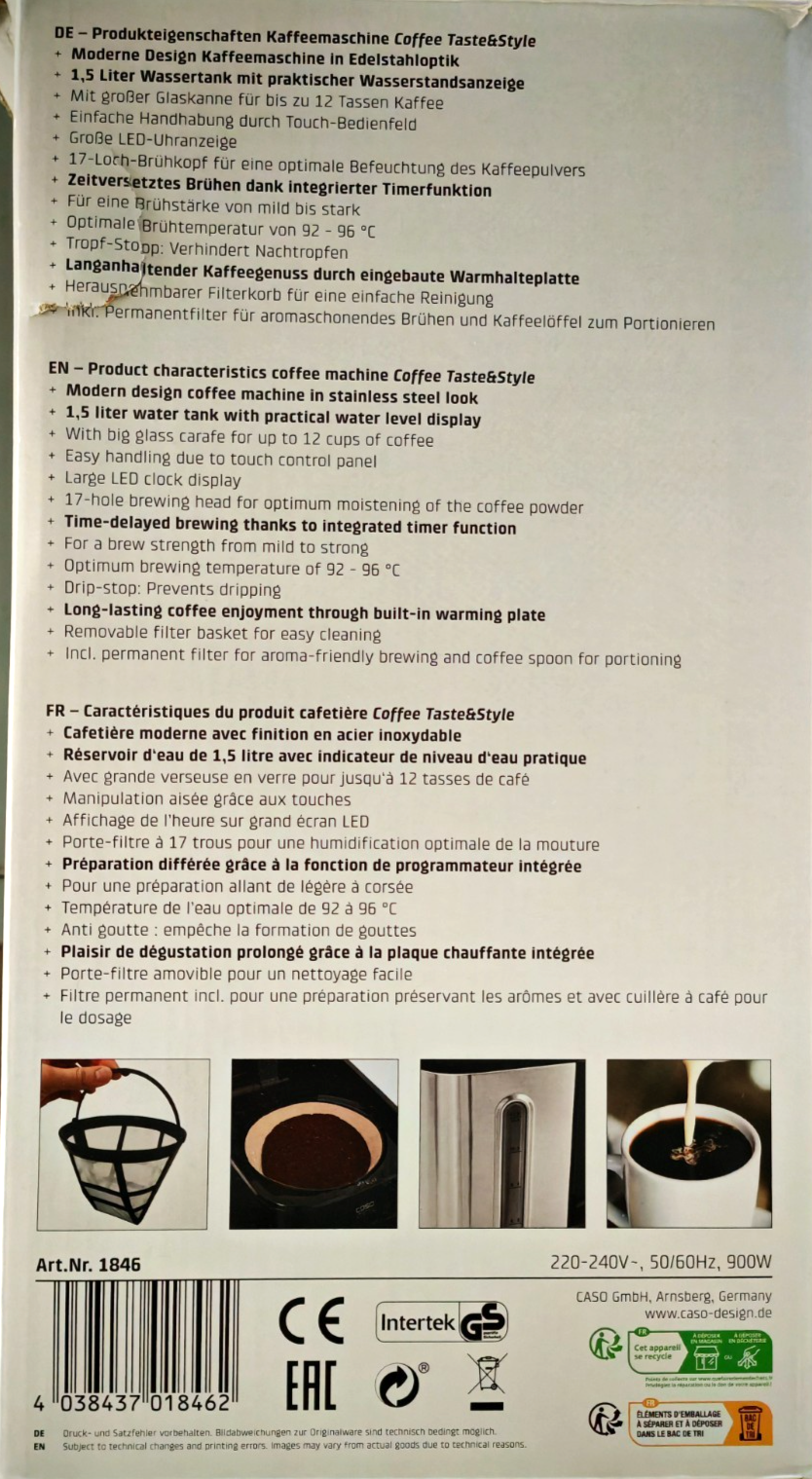 Caso 1846 Filterkaffeemaschine Glaskanne 12 Tassen Timer Aromawahl 1000W C03