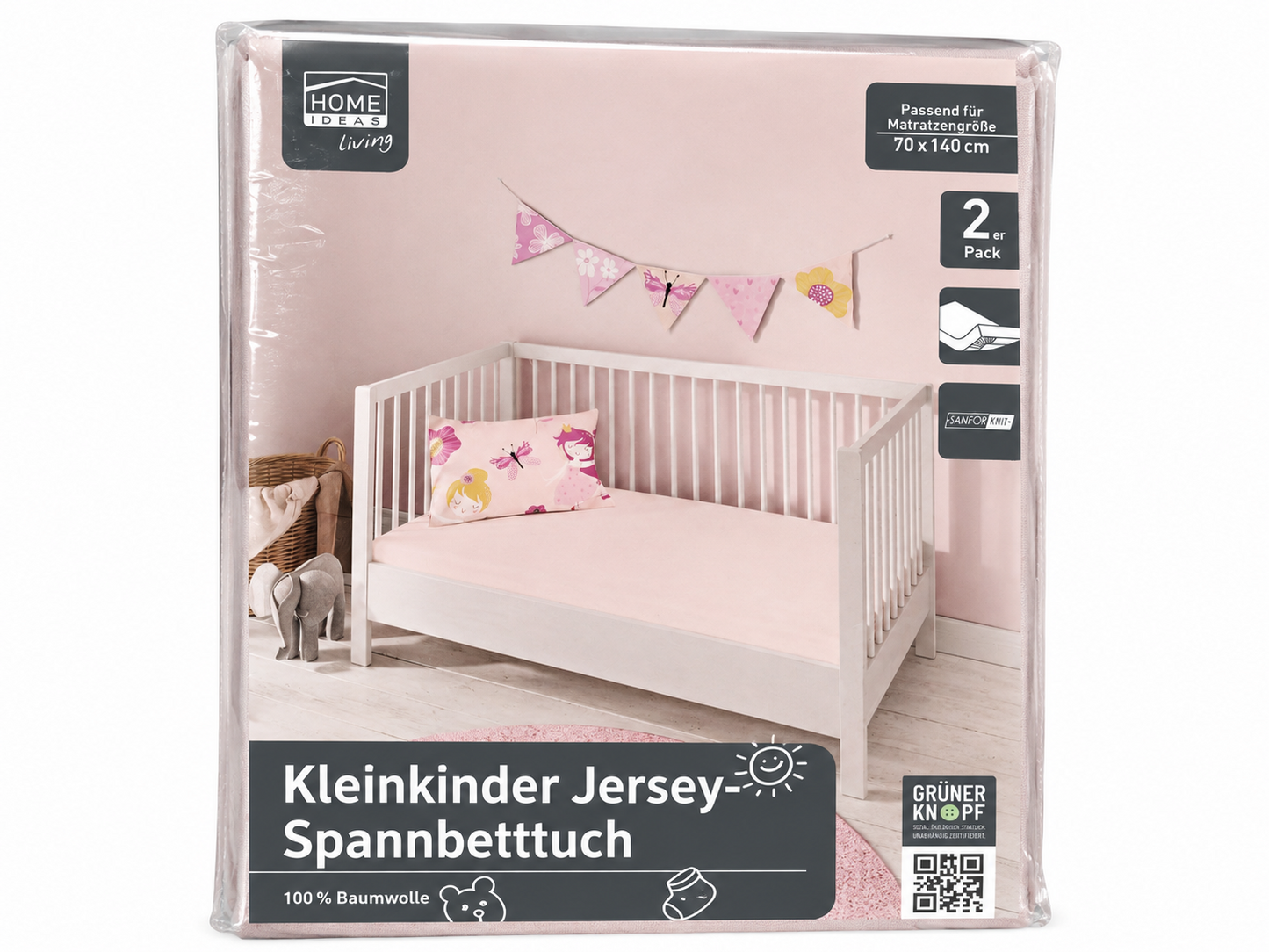 Home Ideas 2x Jersey Spannbetttuch Kinderbett 70x140 cm Rosa 100% Baumwolle E4