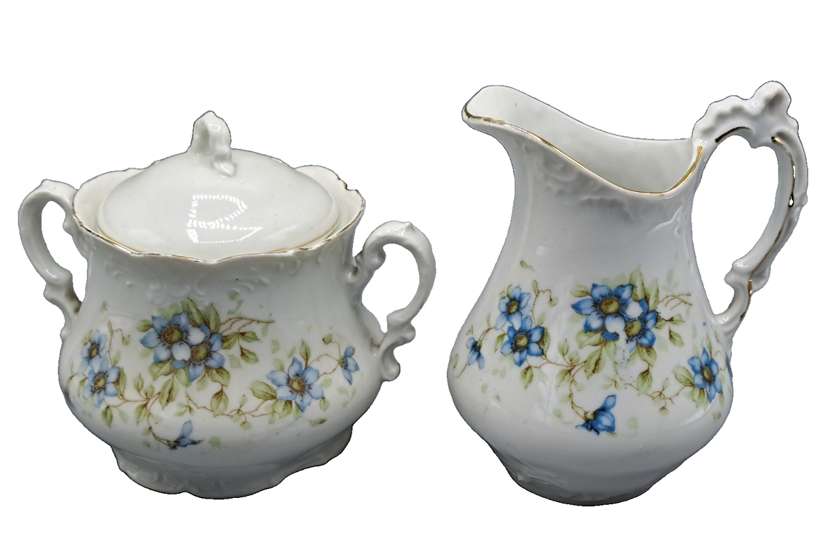 Vintage Porzellan Milchkännchen Zuckerdose Set Blumen Blau Goldrand 2-tlg