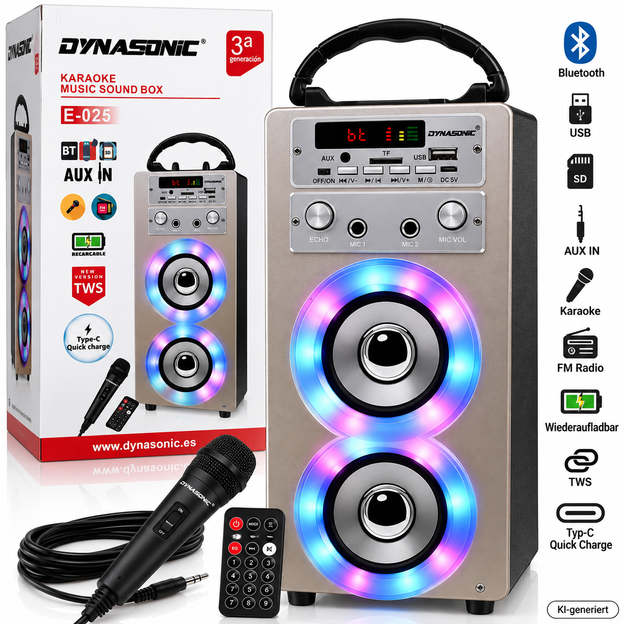Dynasonic E-025 Karaoke Lautsprecher Bluetooth Mikrofon Akku USB SD FM TWS HA24