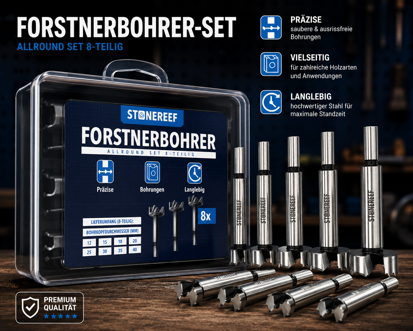 Forstnerbohrer Set 8tlg 12-40mm Holzbohrer Topfbohrer Scharnierbohrer