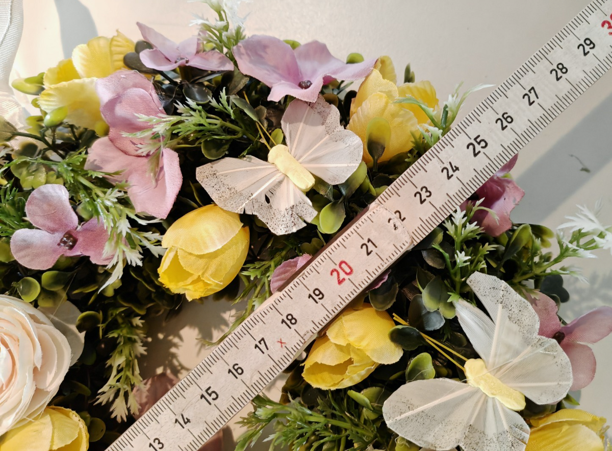 Türkranz Blumenkranz 25cm Kunstblumen Rosa Gelb Schmetterlinge Frühlingsdeko E7