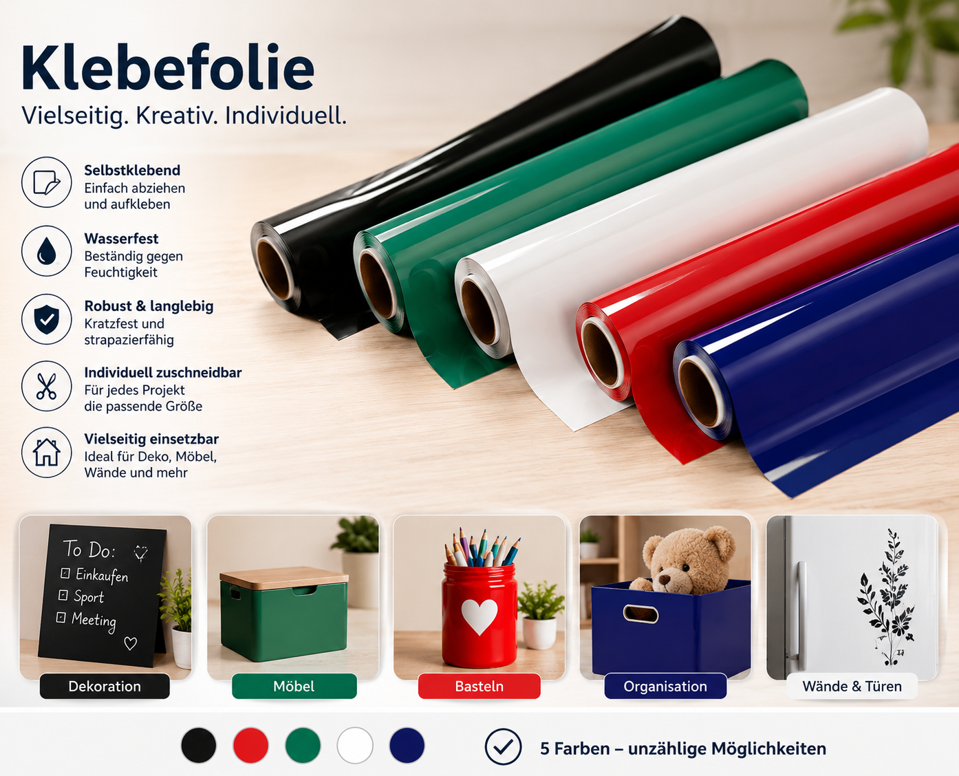 Belle Vous Plotterfolie 5 Farben 30x300cm Selbstklebende Vinylfolie Plotter D9