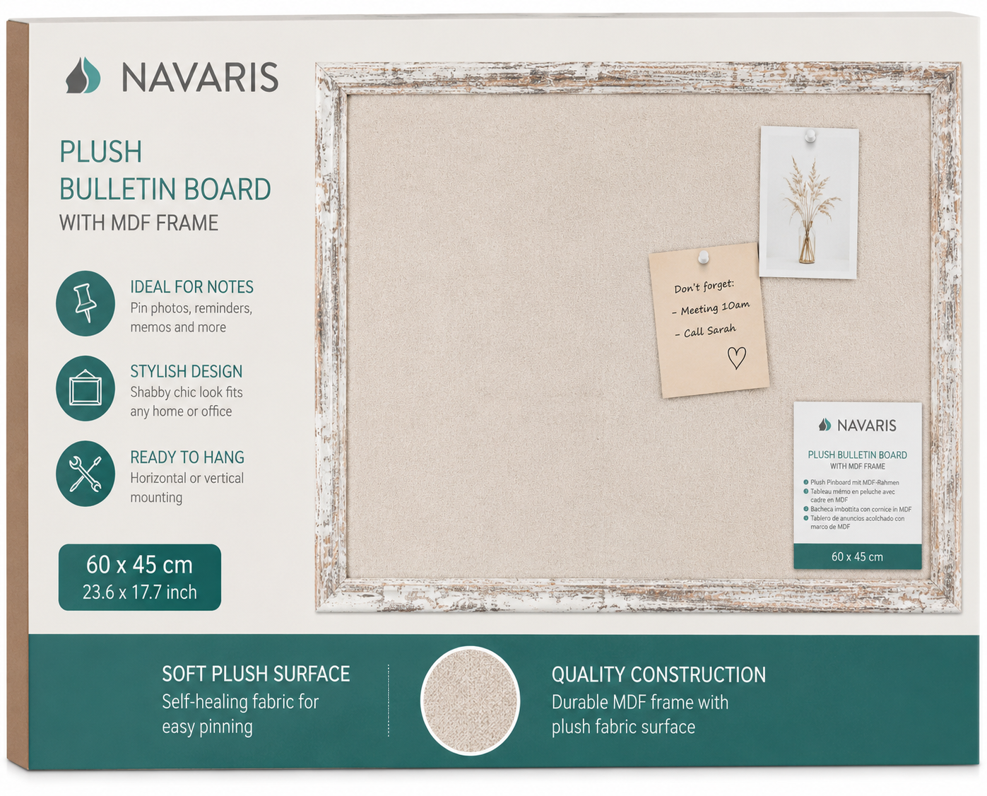 Navaris Pinnwand 60x45cm Stoff Beige Memoboard Bilderwand MDF Rahmen Vintage P3
