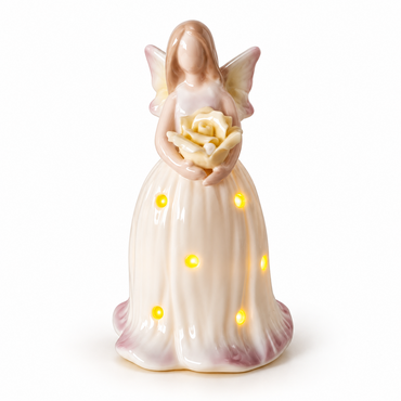 LED Engel Figur mit Rose Keramik 10 cm beleuchtet Schutzengel Deko B3