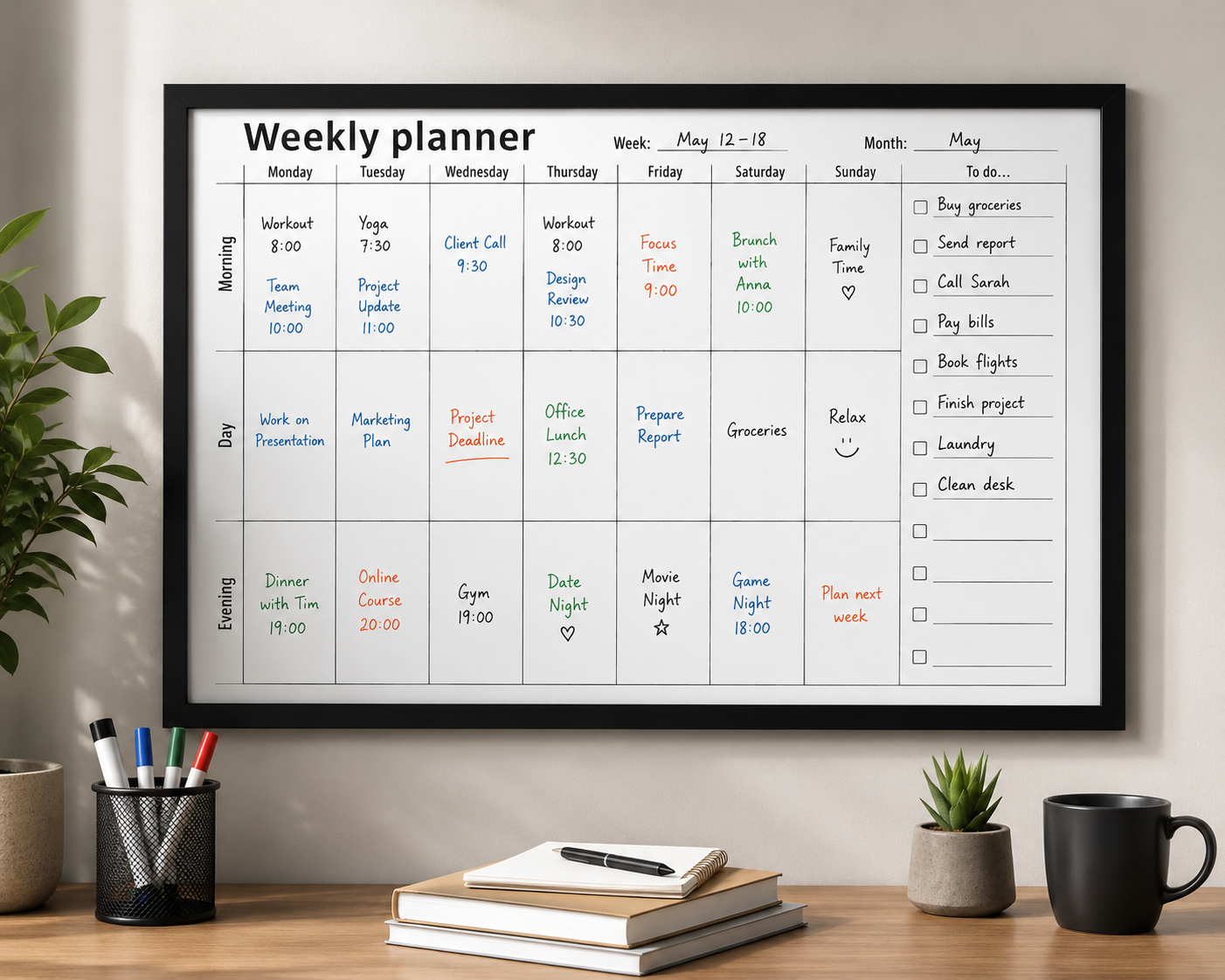 Navaris Magnetic Weekly Whiteboard 60x40cm Wochenplaner Magnettafel Set