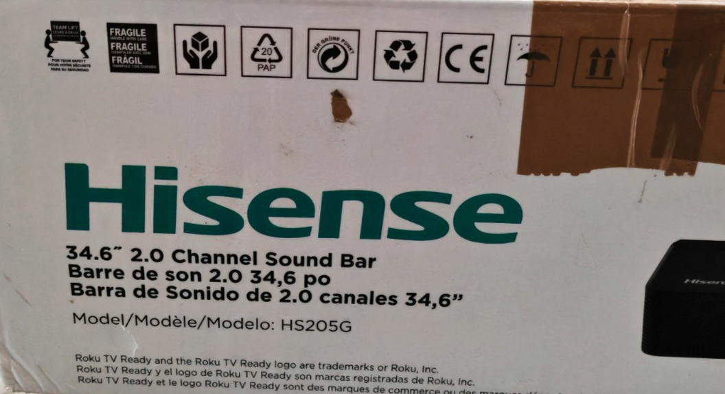 Hisense HS205G Soundbar 2.0 120W Bluetooth HDMI ARC Roku TV Ready A9