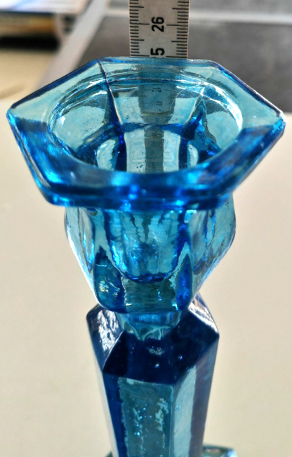 3x Vintage Kerzenleuchter Blau Glas Pressglas Kerzenständer 16/25 cm Retro B4