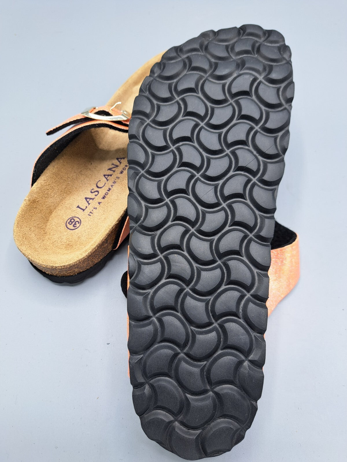 LASCANA Damen Zehentrenner Gr. 38 Roségold Glitzer Korkfußbett Sandale G2
