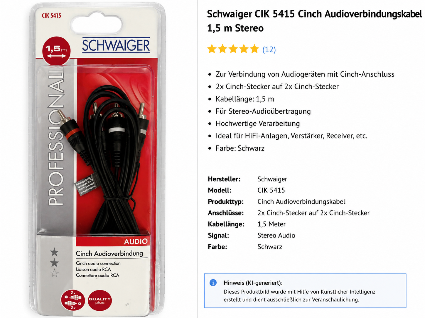Schwaiger CIK 5415 Cinch Kabel 1,5m Stereo Audio 2x RCA Stecker HiFi Schwarz A5