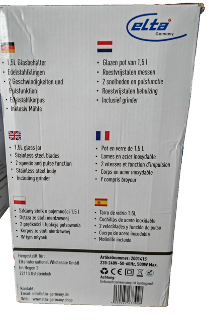 Elta Edelstahl Glas Standmixer 2in1 1,5 L inkl. 300 ml Mühle Küchenmixer