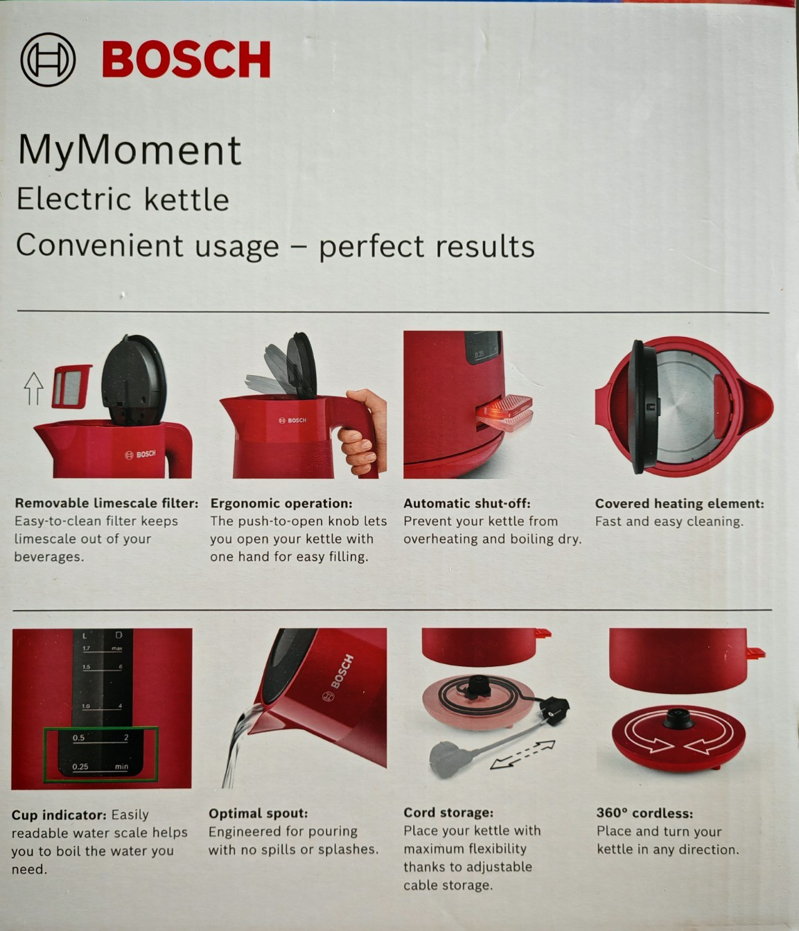 Bosch MyMoment TWK2M164 Wasserkocher 1,7L 2400W Rot matt Kalkfilter HOA5