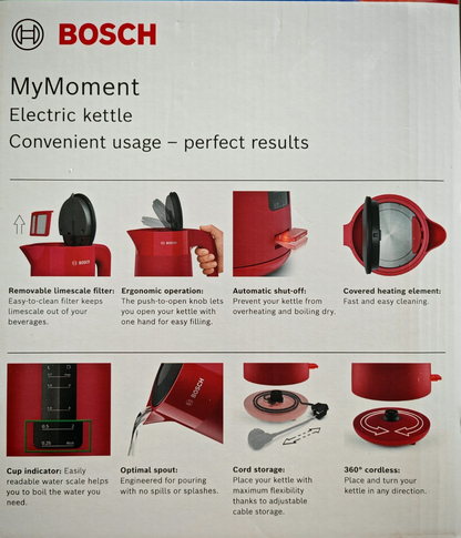 Bosch MyMoment TWK2M164 Wasserkocher 1,7L 2400W Rot matt Kalkfilter HOA5