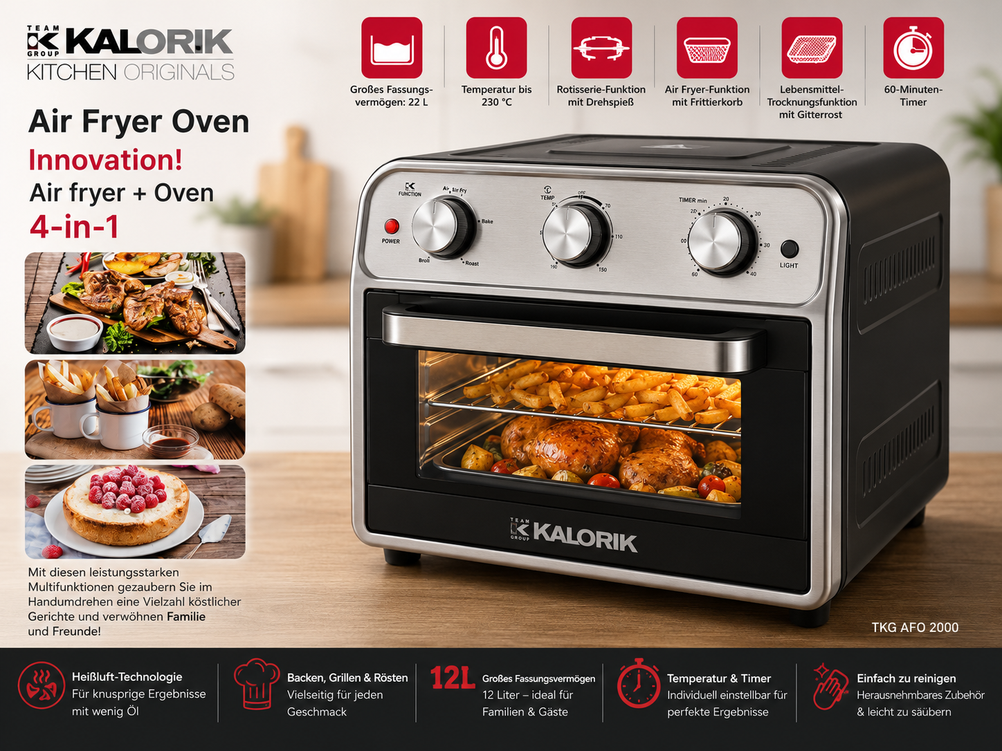Kalorik TKG AFO 2000 4in1 Air Fryer Ofen Heißluftfritteuse 1700W Backofen HA22