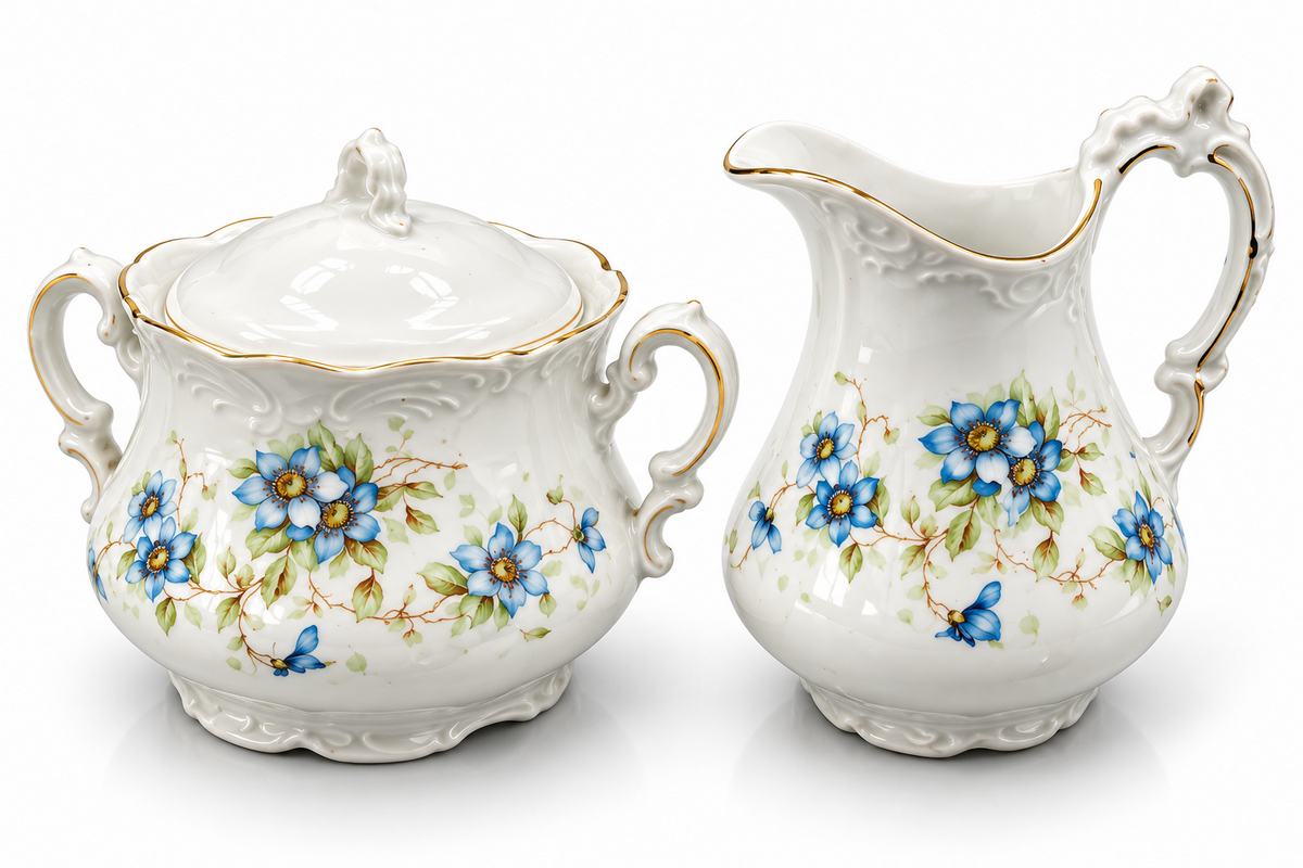 Vintage Porzellan Milchkännchen Zuckerdose Set Blumen Blau Goldrand 2-tlg