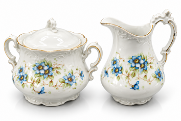 Vintage Porzellan Milchkännchen Zuckerdose Set Blumen Blau Goldrand 2-tlg