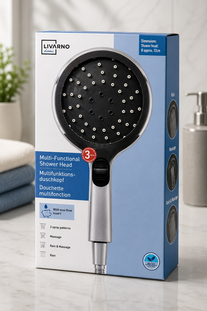 LIVARNO home Multifunktionsduschkopf Ø15cm 3 Strahlarten Wasserspar Grau E1