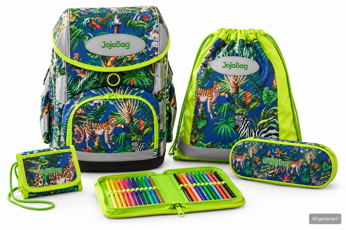 JojoBag Schulranzen Set 5-teilig Dino Grün Schultasche Federmappe Sportbeutel D8