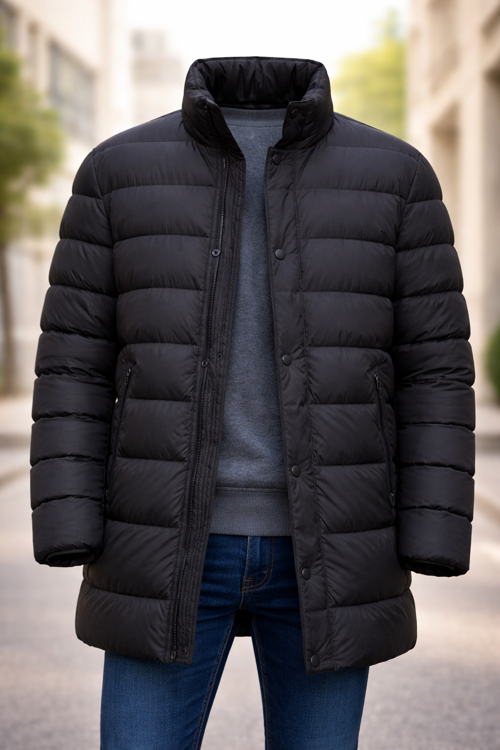 Strandfein Menswear Herren Steppjacke Schwarz Stehkragen Jacke