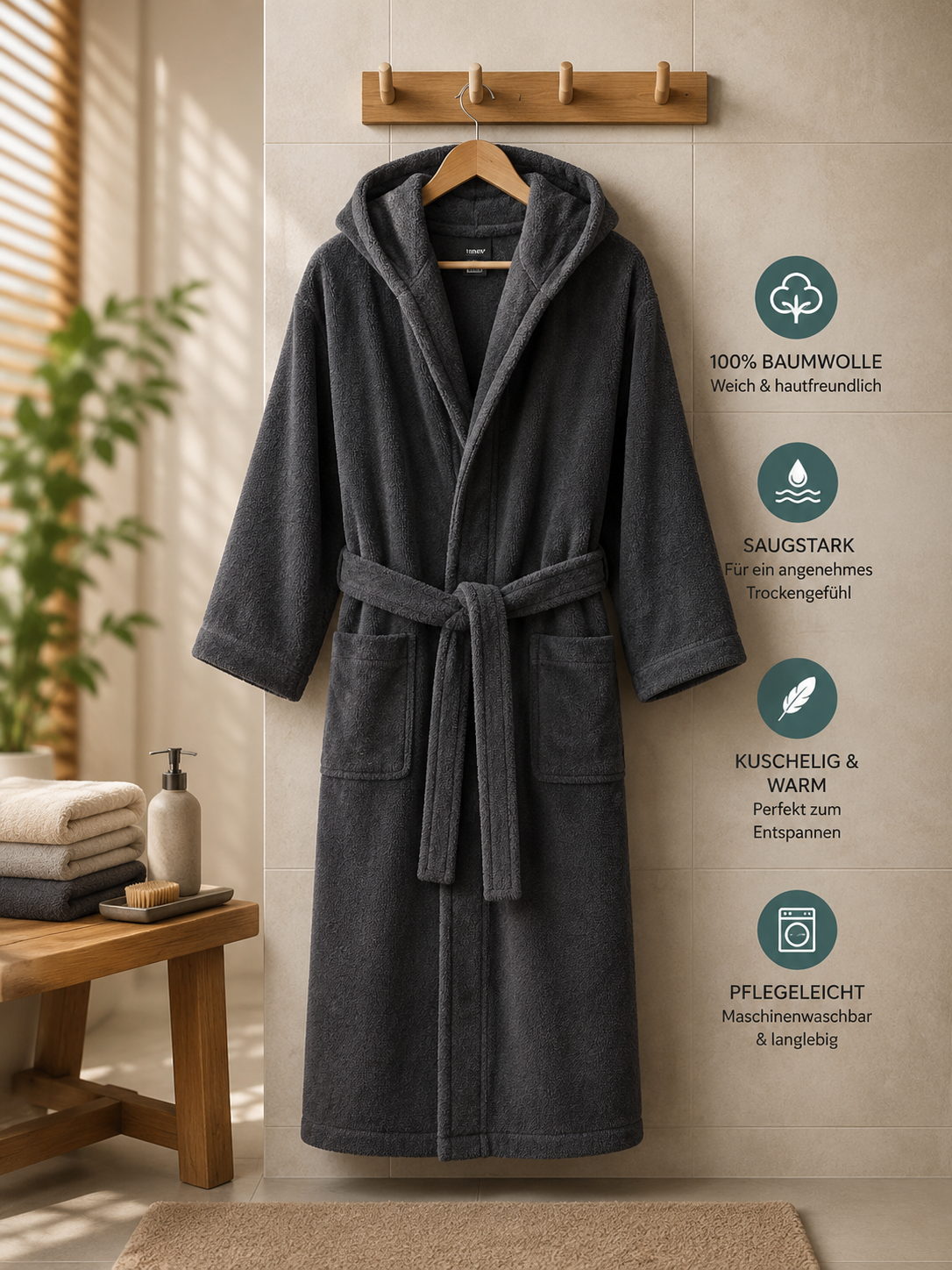 HOMELEVEL Bademantel Unisex Mikrofaser Kapuze Saunamantel Morgenmantel D-03