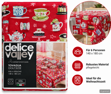 Delice Valley Weihnachtstischdecke 140x180 cm Rot Weihnachten Tassen Motiv E4