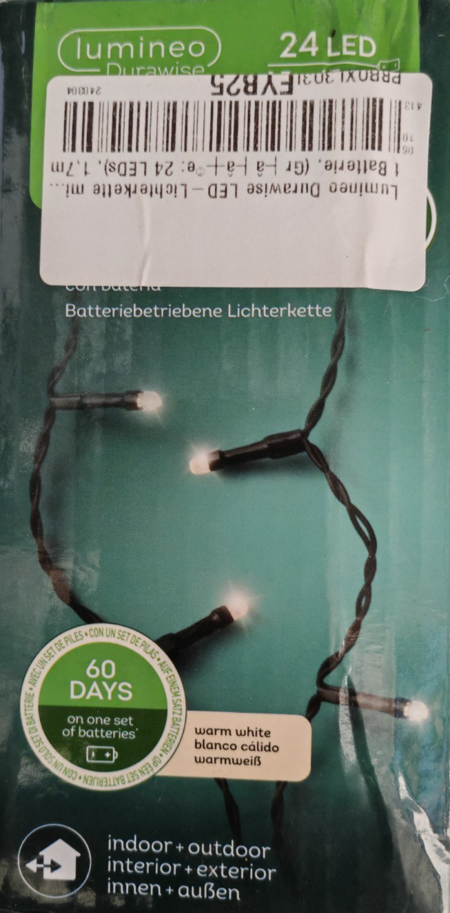 Lumineo Durawise LED Lichterkette 24 LED Warmweiß 1,7m Timer Batterie IP44 HA34