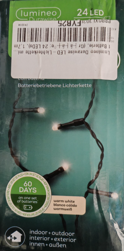 Lumineo Durawise LED Lichterkette 24 LED Warmweiß 1,7m Timer Batterie IP44 HA34