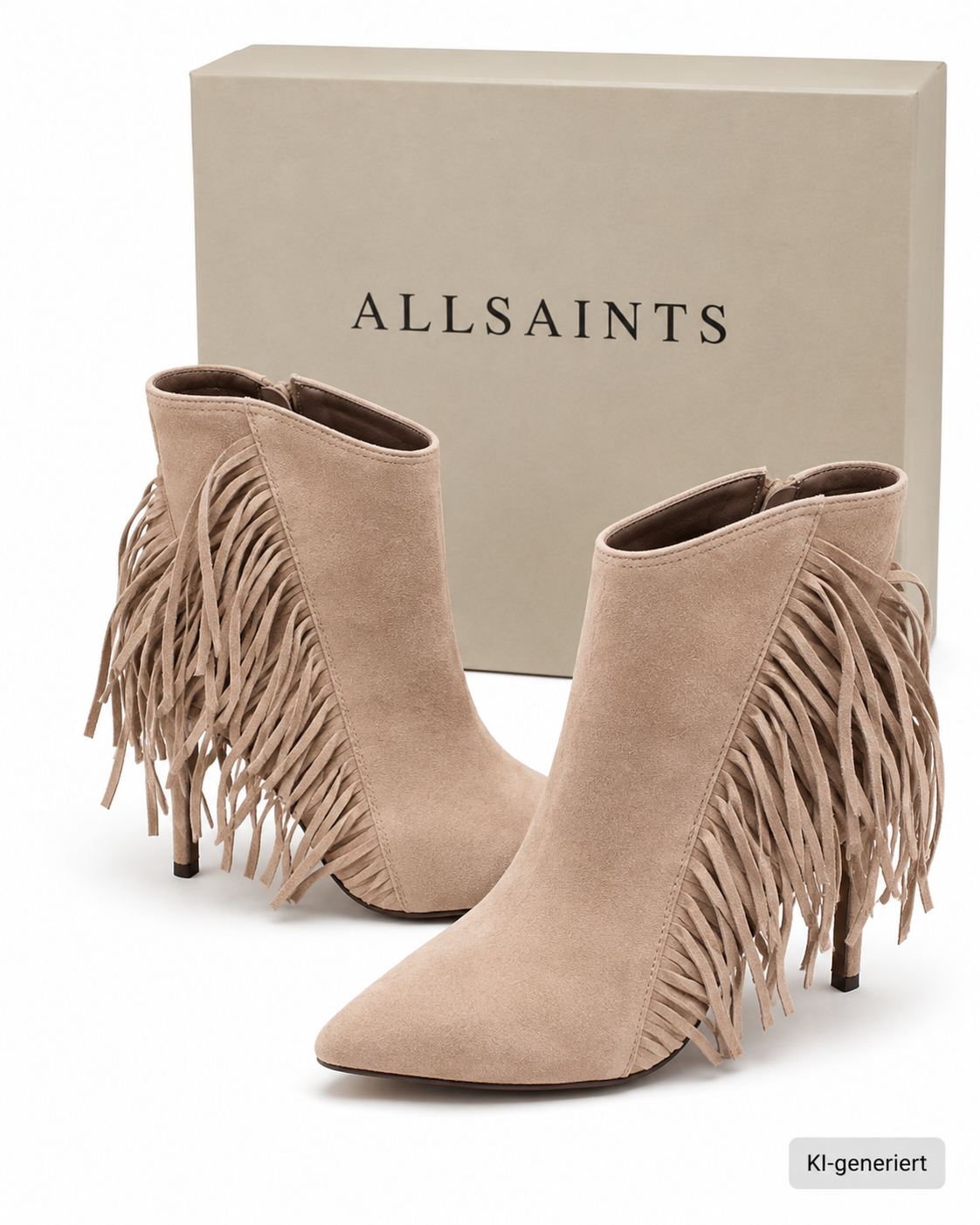 AllSaints Izzy Damen Stiefeletten Wildleder Taupe Fransen High Heel Gr. 40 G1
