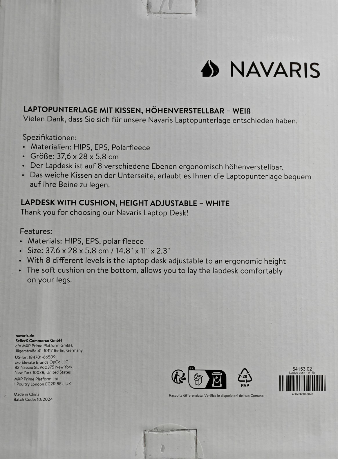 Navaris Laptop Tischkissen – verstellbare Unterlage Weiß
