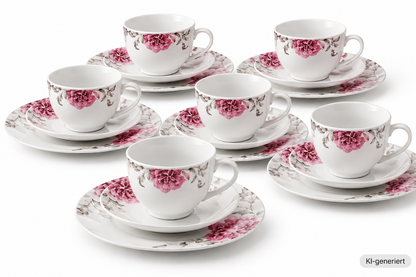 Arte Viva COMO Kaffeeservice 18tlg Porzellan 6 Personen Rosa Grau Blumen HA18