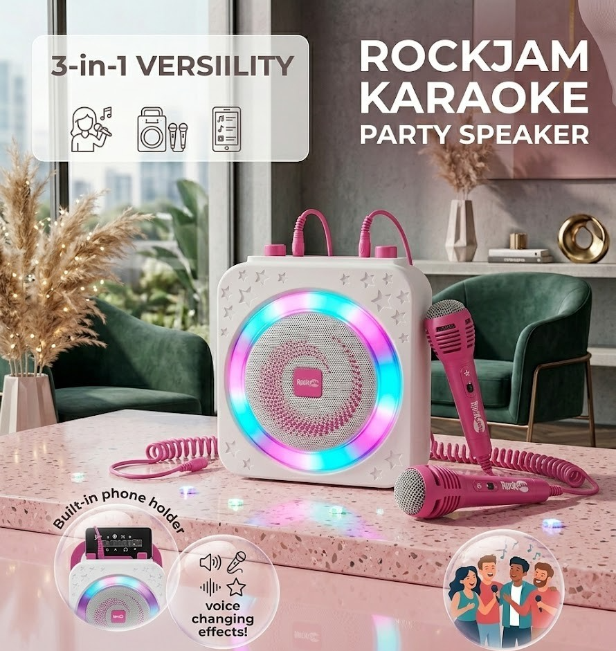 RockJam Karaoke Maschine 10W Bluetooth 2 Mikrofone Akku Tragbar