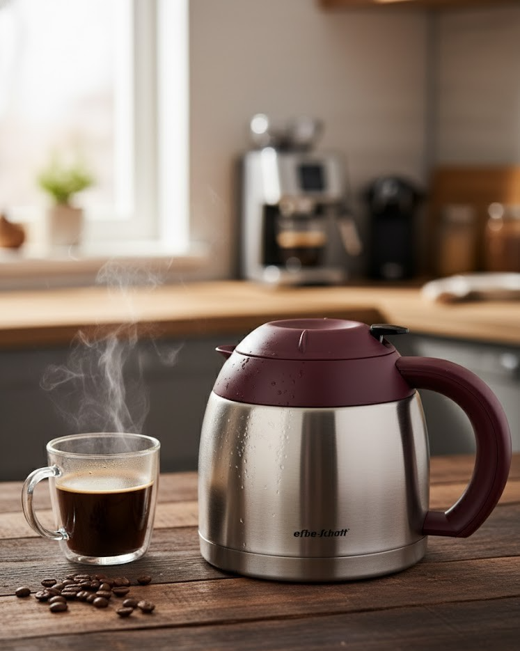 Efbe-Schott Isolierkanne Rot Silber Thermoskanne Kaffee Tee Warmhaltekanne