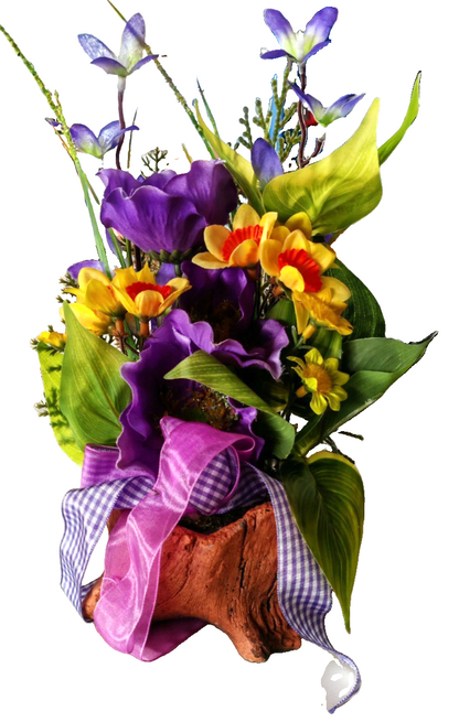 Kunstblumen Gesteck auf Baumstamm Lila Gelb Blumenarrangement Tischdeko B3
