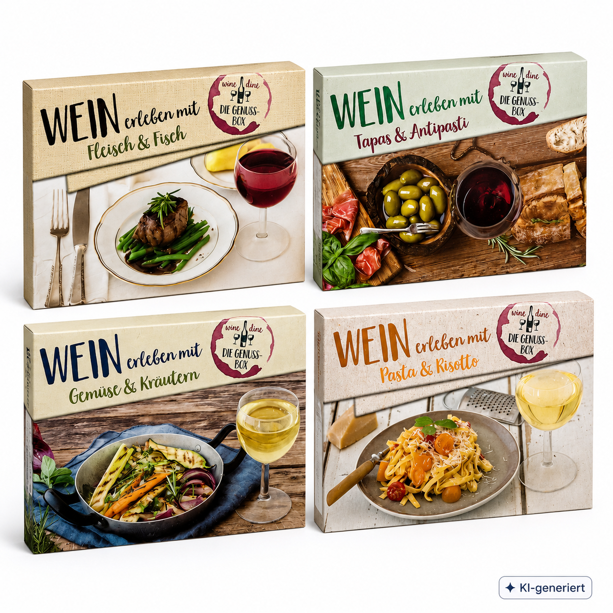 4x Wine & Dine Genuss-Box Wein Rezeptkarten Fleisch Tapas Gemüse Pasta 200